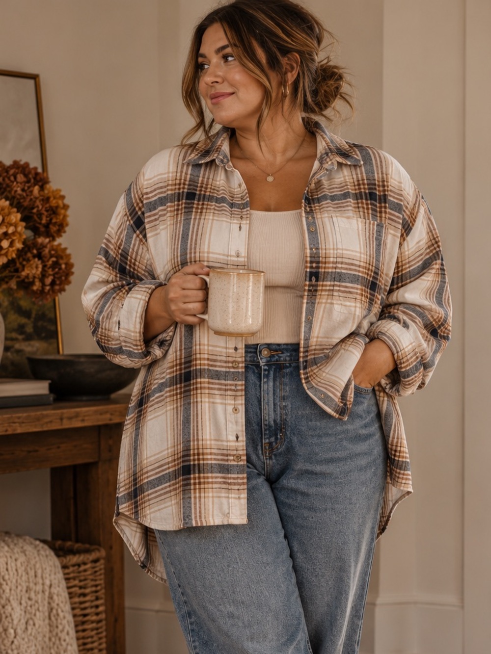 Old Navy Oversized Plaid Boyfriend Button Up Shirt Brown Cream Navy